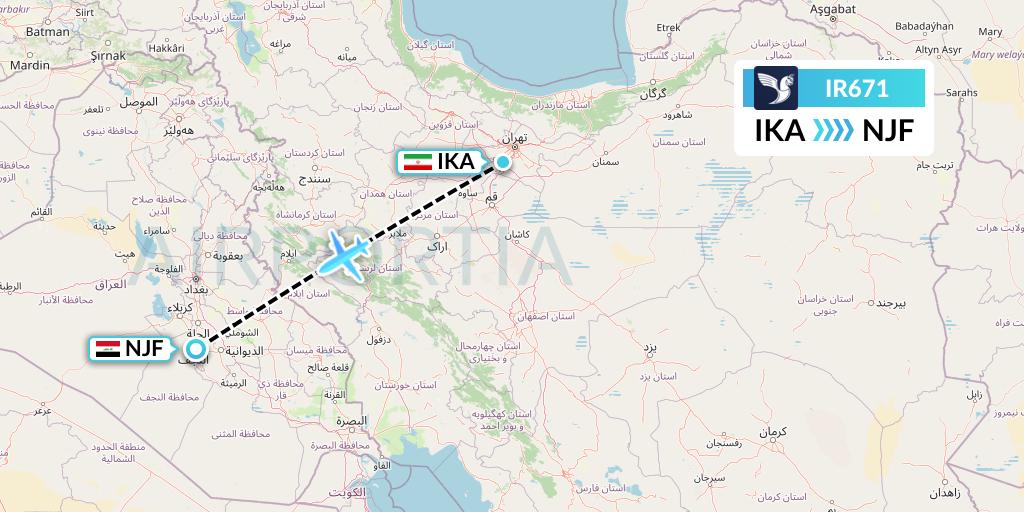 IR671 Iran Air Flight Map: Tehran to Najaf
