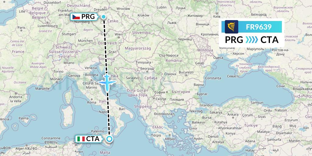 FR9639 Ryanair Flight Map: Prague to Catania