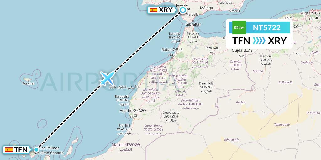 NT5722 Binter Canarias Flight Map: Tenerife to Jerez