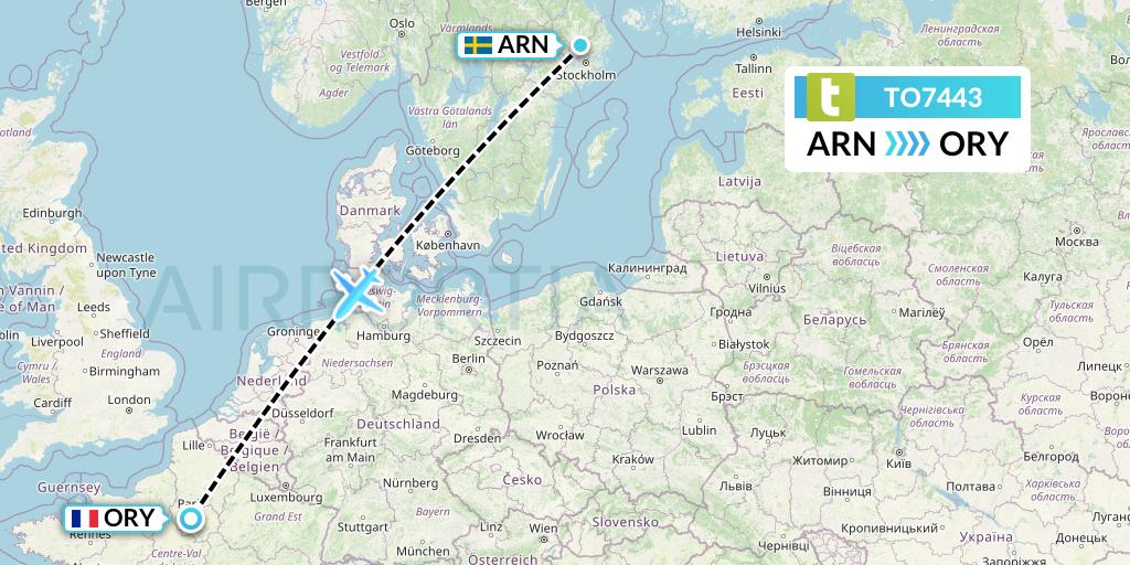 TO7443 Transavia France Flight Map: Stockholm to Paris