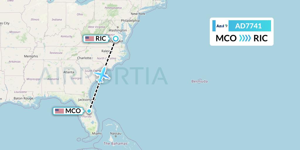 AD7741 Azul Brazilian Airlines Flight Map: Orlando to Richmond
