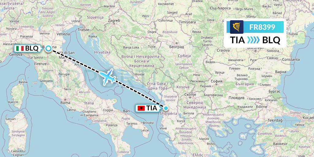 FR8399 Ryanair Flight Map: Tirana to Bologna