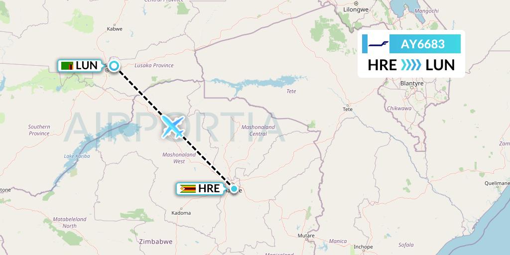 AY6683 Finnair Flight Map: Harare to Lusaka