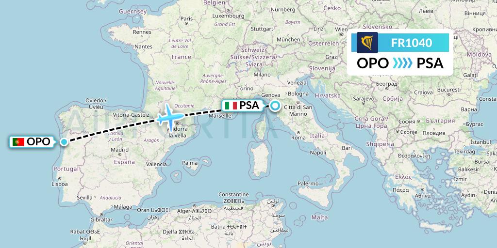 FR1040 Ryanair Flight Map: Porto to Pisa