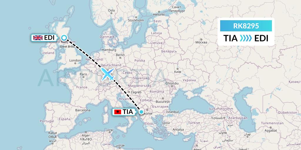 RK8295 Ryanair UK Flight Map: Tirana to Edinburgh