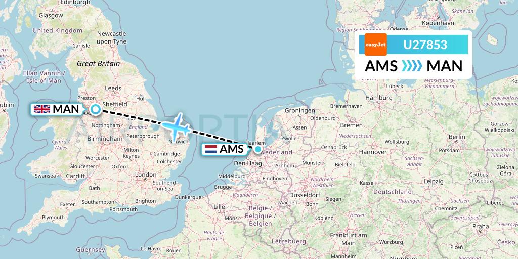 U27853 EasyJet Flight Map: Amsterdam to Manchester