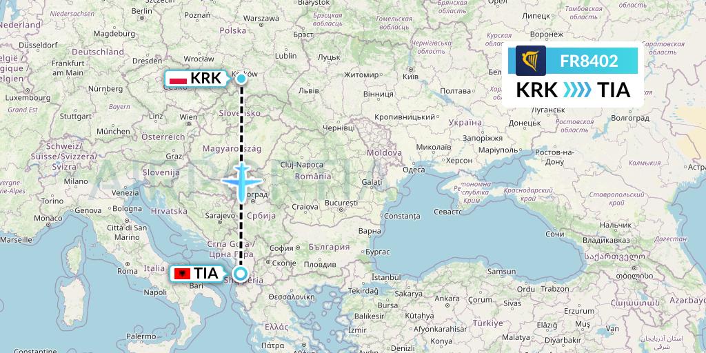 FR8402 Ryanair Flight Map: Krakow to Tirana