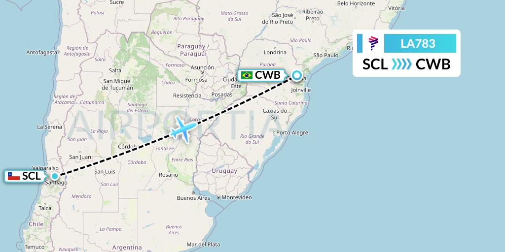 LA783 LAN Airlines Flight Map: Santiago to Curitiba