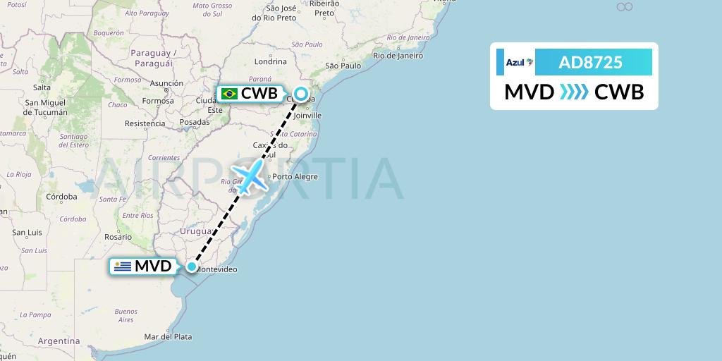 AD8725 Azul Brazilian Airlines Flight Map: Montevideo to Curitiba