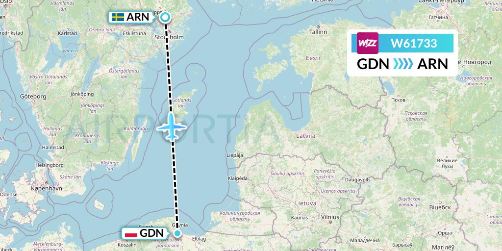 W61733 Wizz Air Flight Map: Gdansk to Stockholm