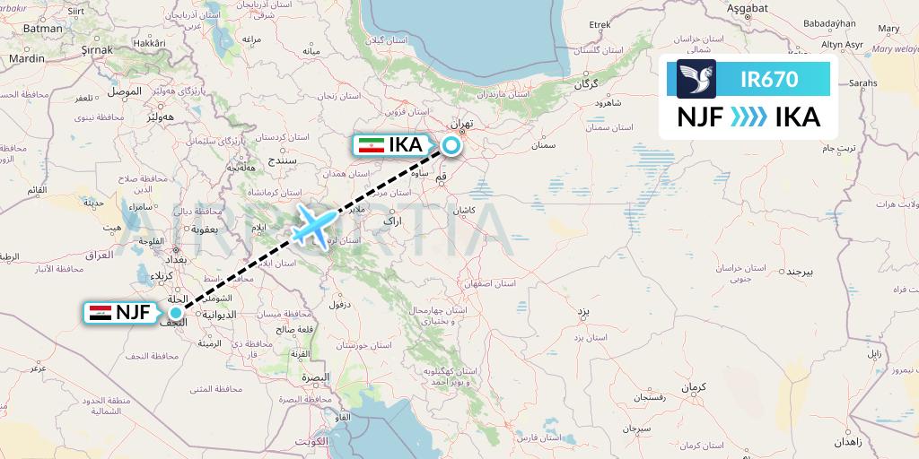 IR670 Iran Air Flight Map: Najaf to Tehran