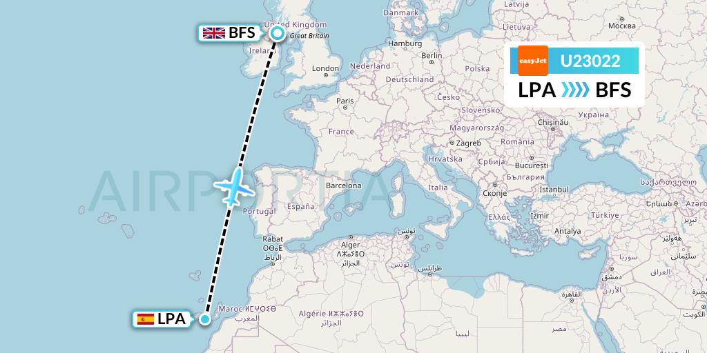 U23022 EasyJet Flight Map: Las Palmas to Belfast