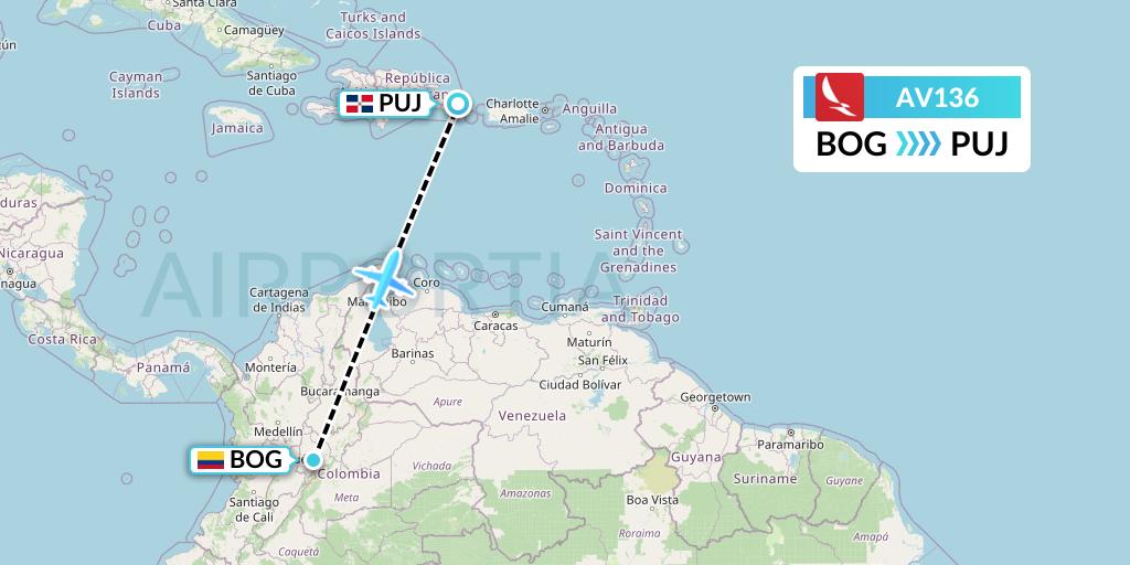 AV136 Avianca Flight Map: Bogota to Punta Cana