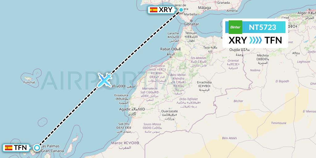 NT5723 Binter Canarias Flight Map: Jerez to Tenerife