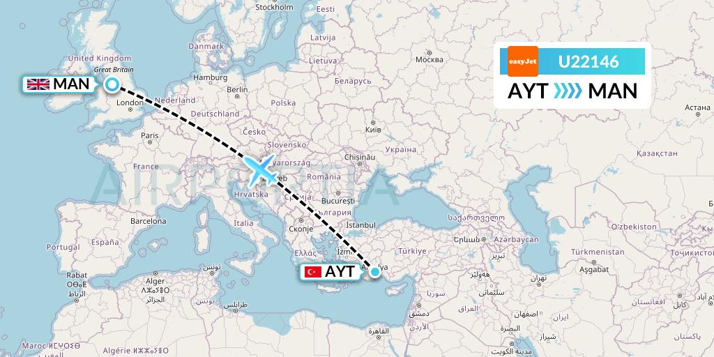 U22146 EasyJet Flight Map: Antalya to Manchester