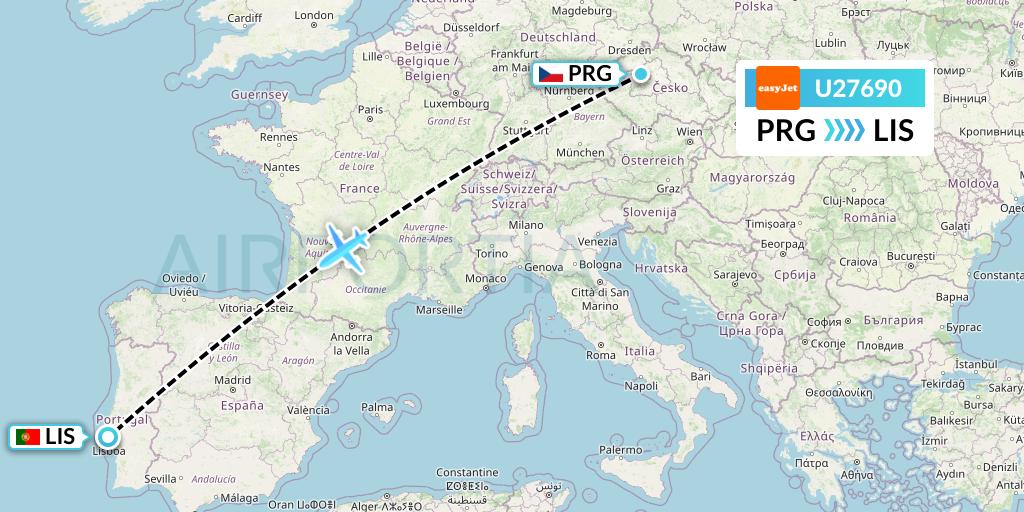 U27690 EasyJet Flight Map: Prague to Lisbon