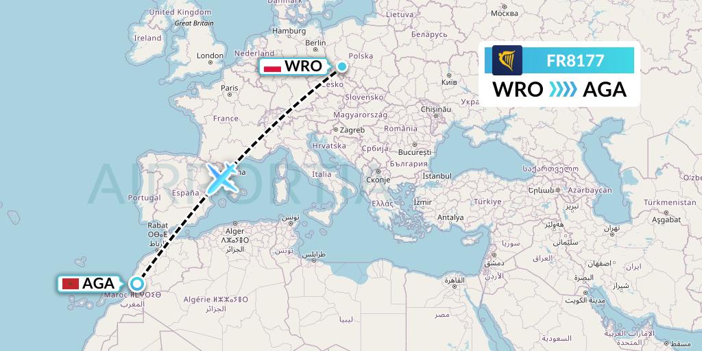 FR8177 Ryanair Flight Map: Wroclaw to Agadir