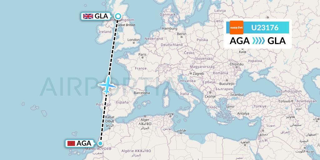 U23176 EasyJet Flight Map: Agadir to Glasgow
