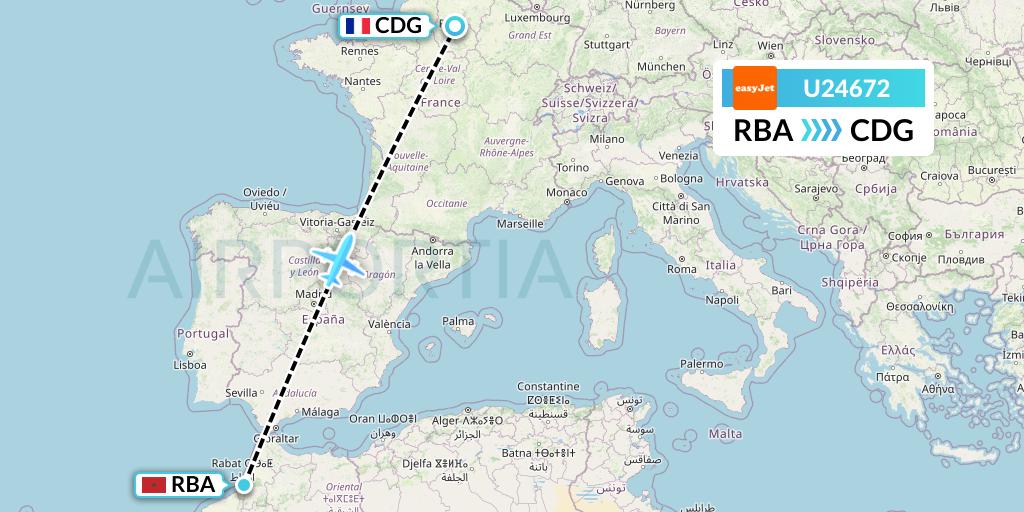 U24672 EasyJet Flight Map: Rabat to Paris