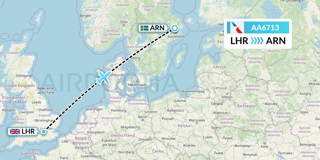 AA6713 American Airlines Flight Map: London to Stockholm