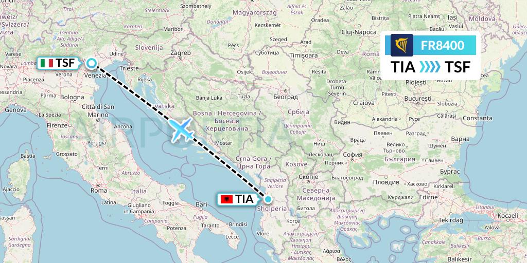 FR8400 Ryanair Flight Map: Tirana to Treviso