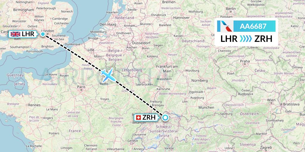 AA6687 American Airlines Flight Map: London to Zurich