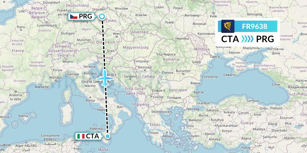 FR9638 Ryanair Flight Map: Catania to Prague