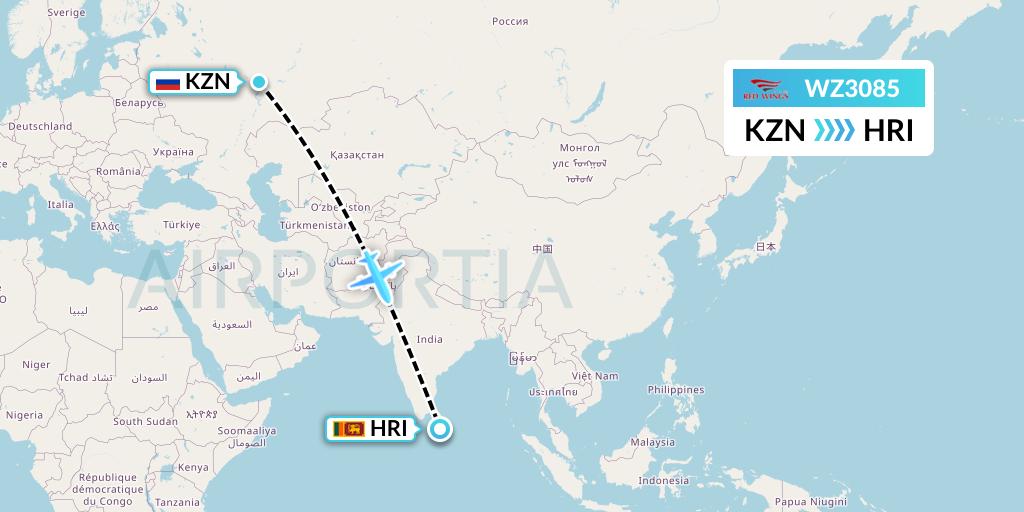 WZ3085 Red Wings Flight Map: Kazan to Hambantota