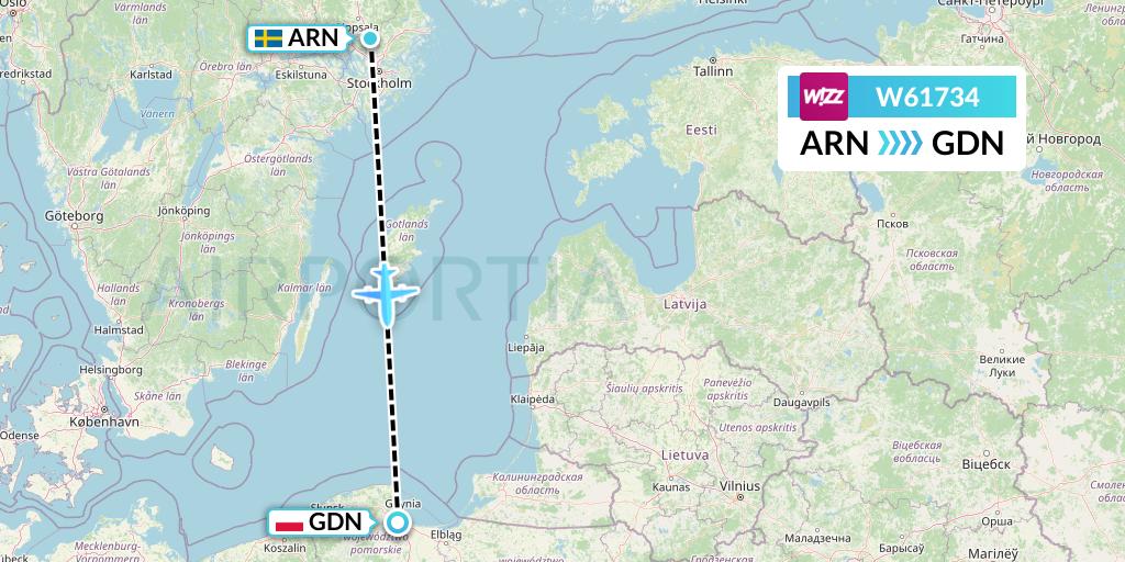 W61734 Wizz Air Flight Map: Stockholm to Gdansk