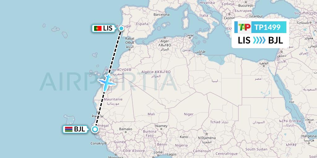 TP1499 TAP Portugal Flight Map: Lisbon to Banjul