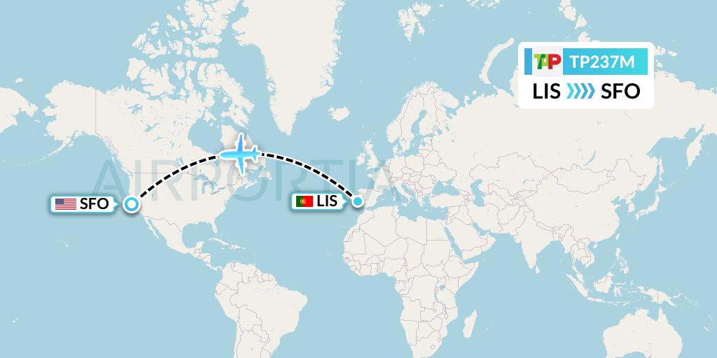 TP237M TAP Portugal Flight Map: Lisbon to San Francisco