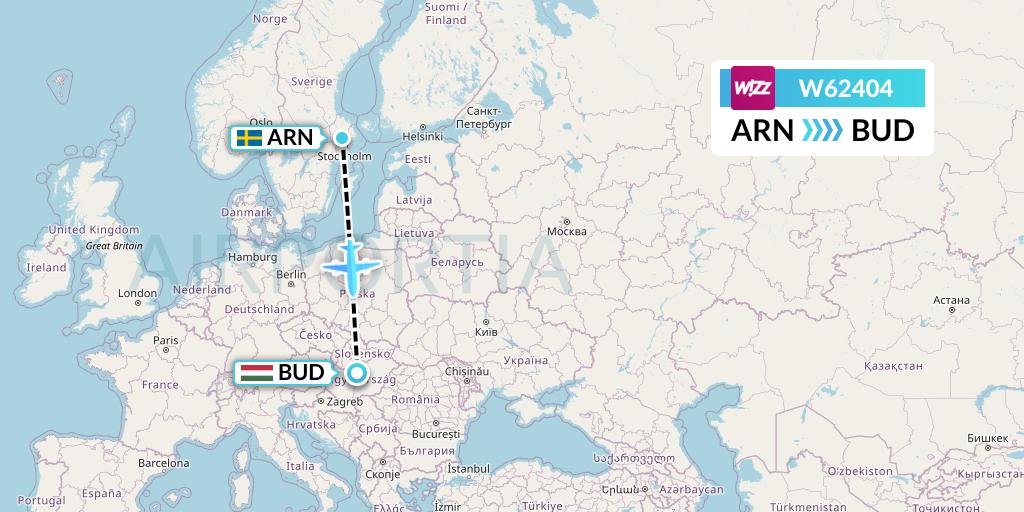 W62404 Wizz Air Flight Map: Stockholm to Budapest