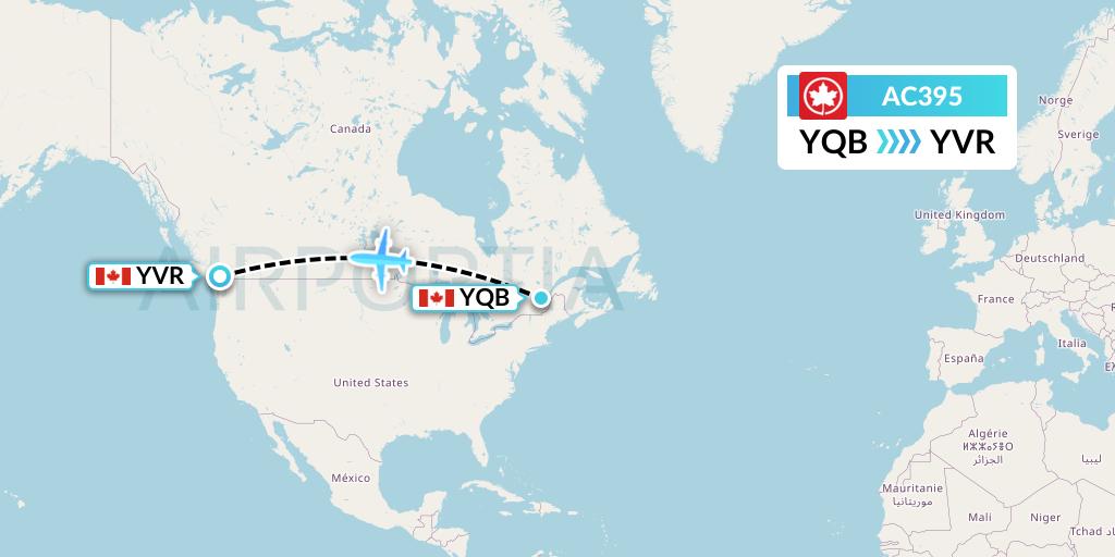 AC395 Air Canada Flight Map: Quebec to Vancouver