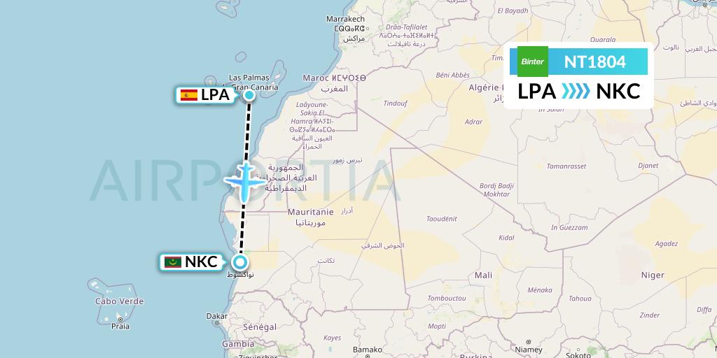 NT1804 Binter Canarias Flight Map: Las Palmas to Nouakchott