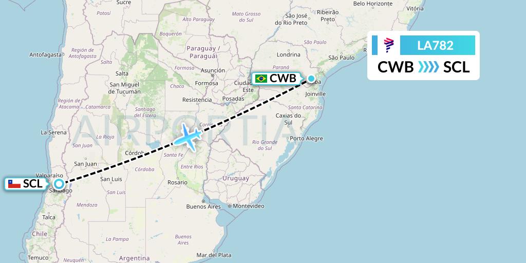 LA782 LAN Airlines Flight Map: Curitiba to Santiago