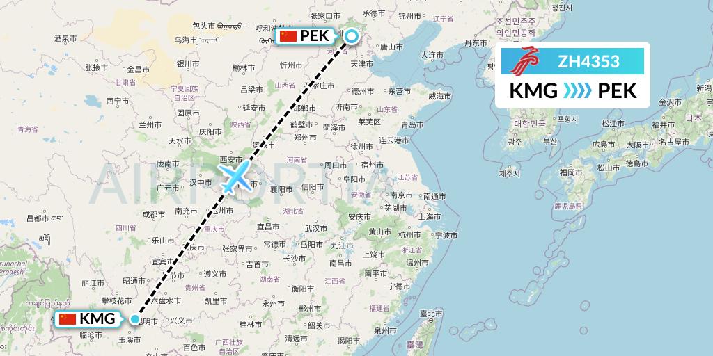ZH4353 Shenzhen Airlines Flight Map: Kunming to Beijing