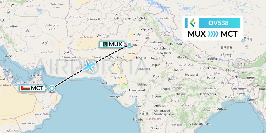 OV538 SalamAir Flight Map: Multan to Muscat
