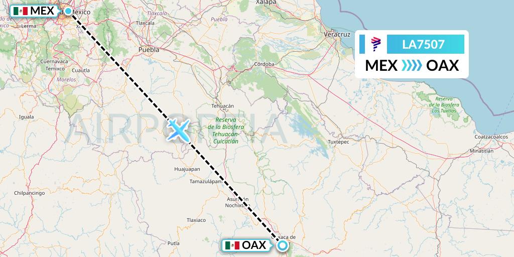 LA7507 LAN Airlines Flight Map: Mexico City to Oaxaca