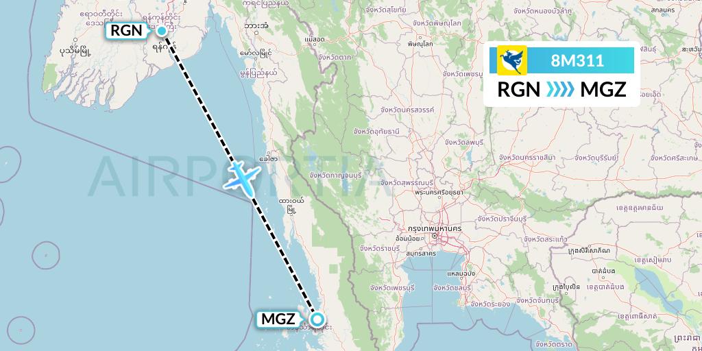 8M311 Myanmar Airways International Flight Map: Yangon to Myeik