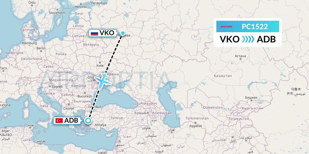 PC1522 Pegasus Airlines Flight Map: Moscow to Izmir