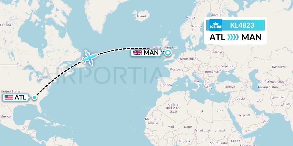 KL4823 KLM Flight Map: Atlanta to Manchester