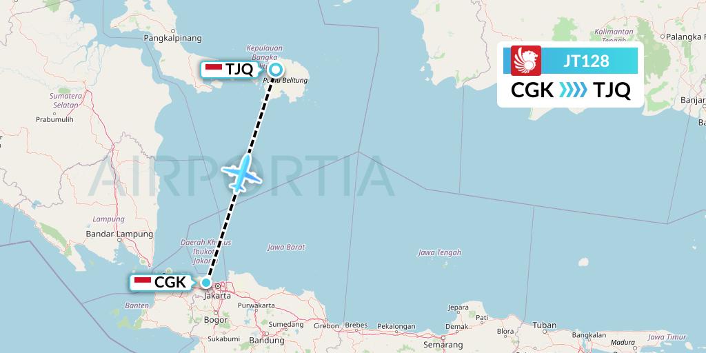 JT128 Lion Airlines Flight Map: Jakarta to Tanjung Pandan