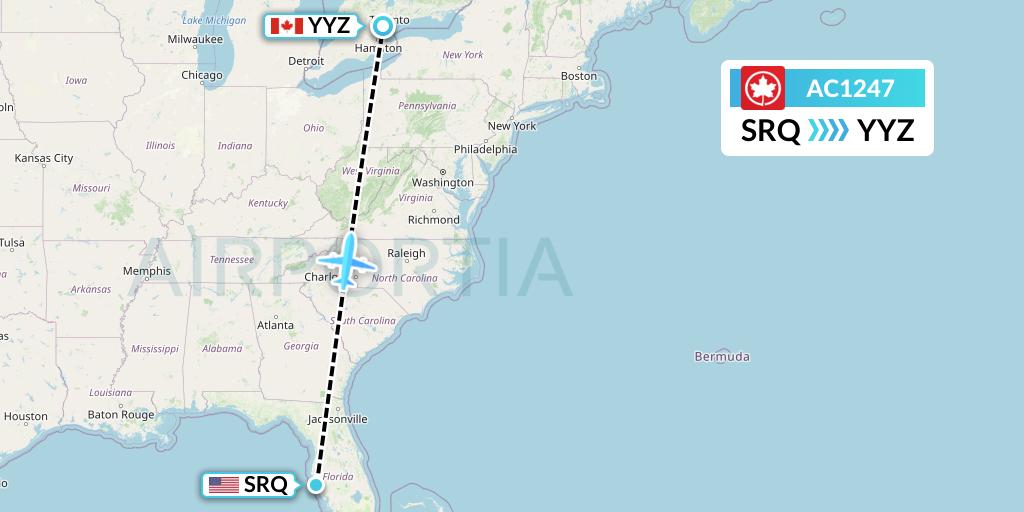AC1247 Air Canada Flight Map: Sarasota to Toronto
