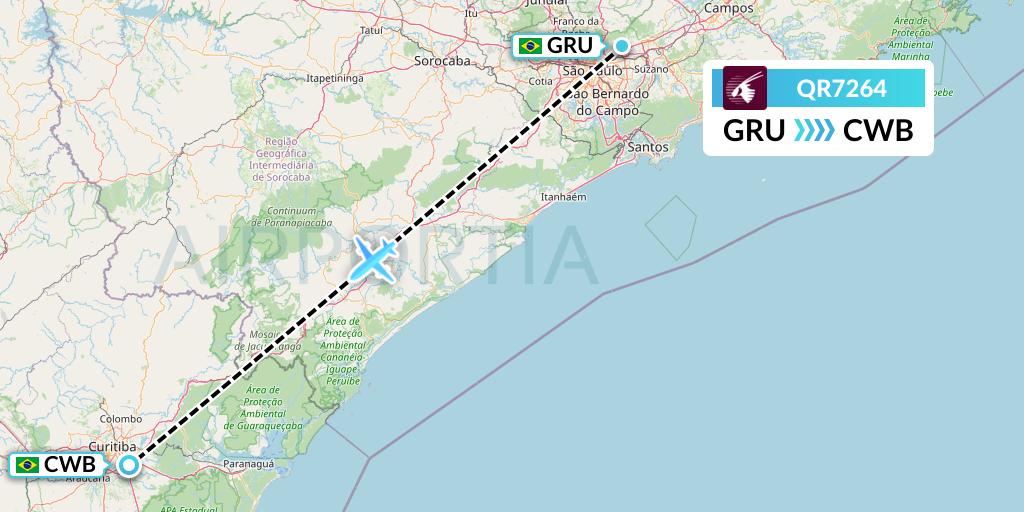 QR7264 Qatar Airways Flight Map: Sao Paulo to Curitiba