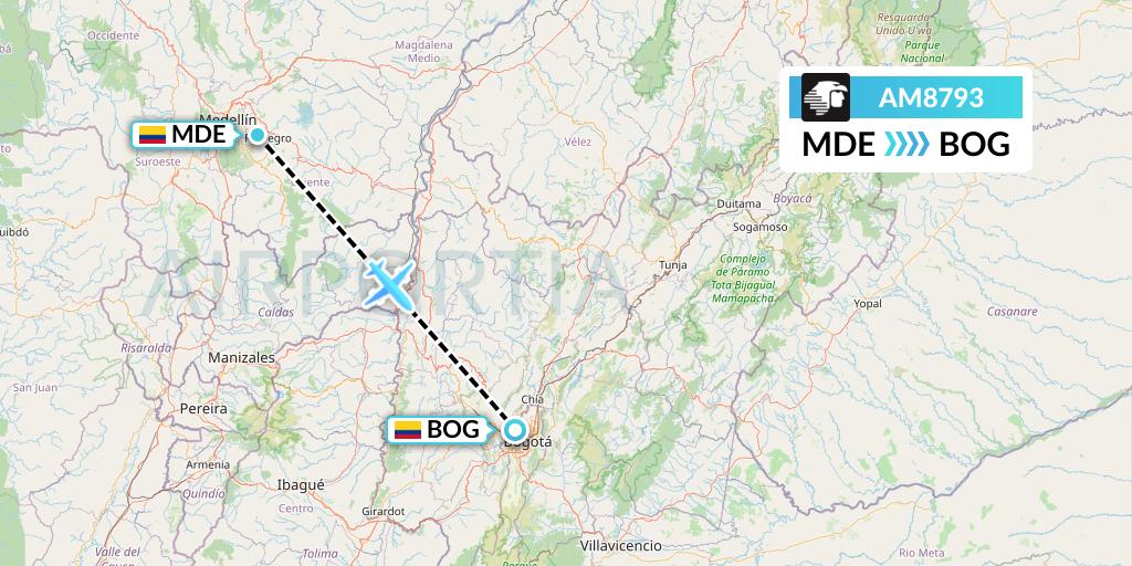 AM8793 Aeromexico Flight Map: Medellin to Bogota