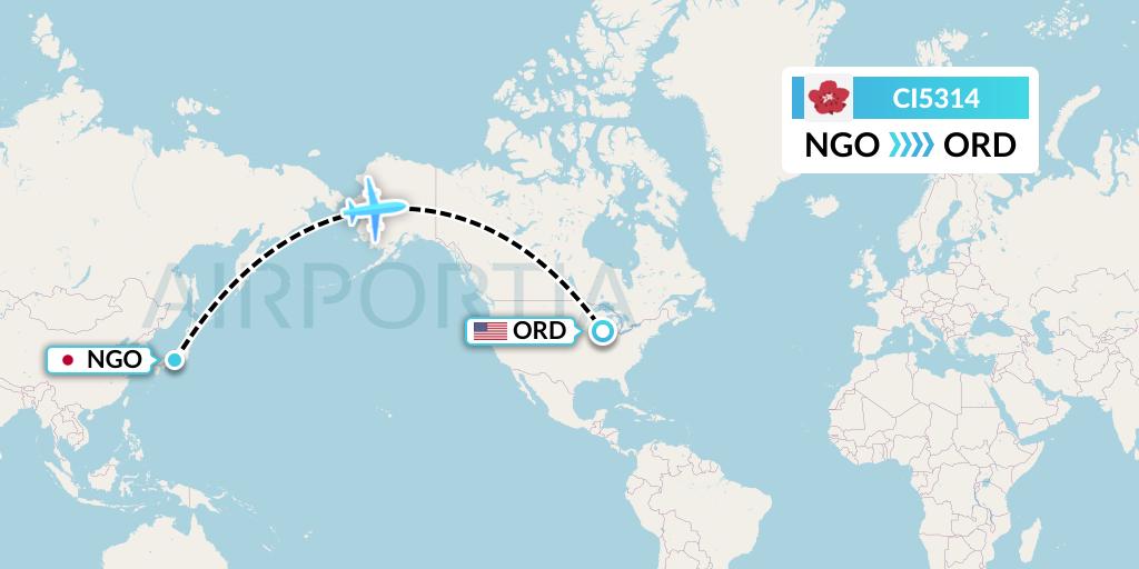 CI5314 China Airlines Flight Map: Nagoya to Chicago