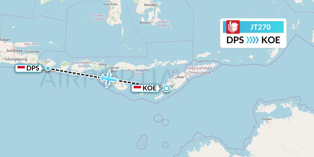 JT270 Lion Airlines Flight Map: Denpasar to Kupang