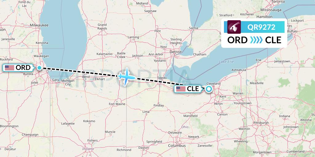 QR9272 Qatar Airways Flight Map: Chicago to Cleveland