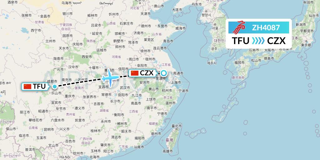 ZH4087 Shenzhen Airlines Flight Map: Chengdu to Changzhou