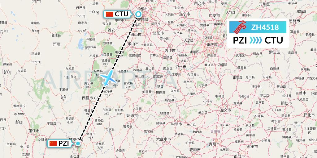 ZH4518 Shenzhen Airlines Flight Map: Panzhihua to Chengdu
